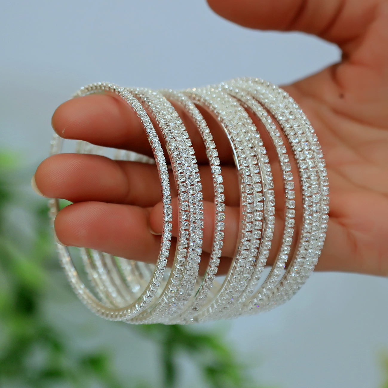 12 Bangle Set Silver -  Metal Stone Beaded Bridesmaid Bangles