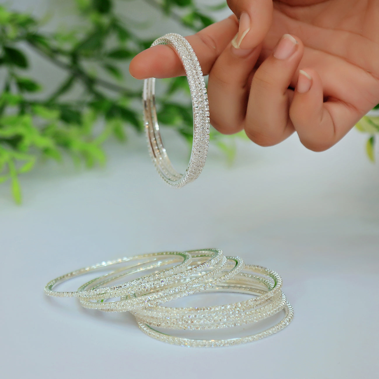 12 Bangle Set Silver -  Metal Stone Beaded Bridesmaid Bangles