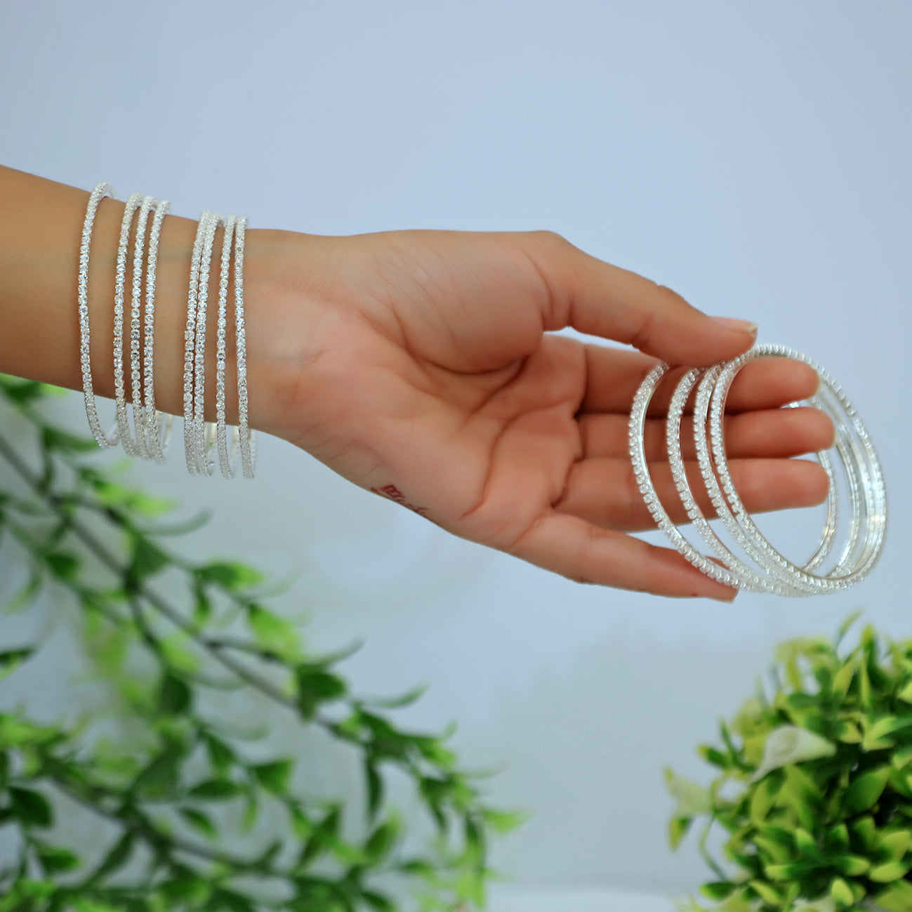 12 Bangle Set Silver -  Metal Stone Beaded Bridesmaid Bangles