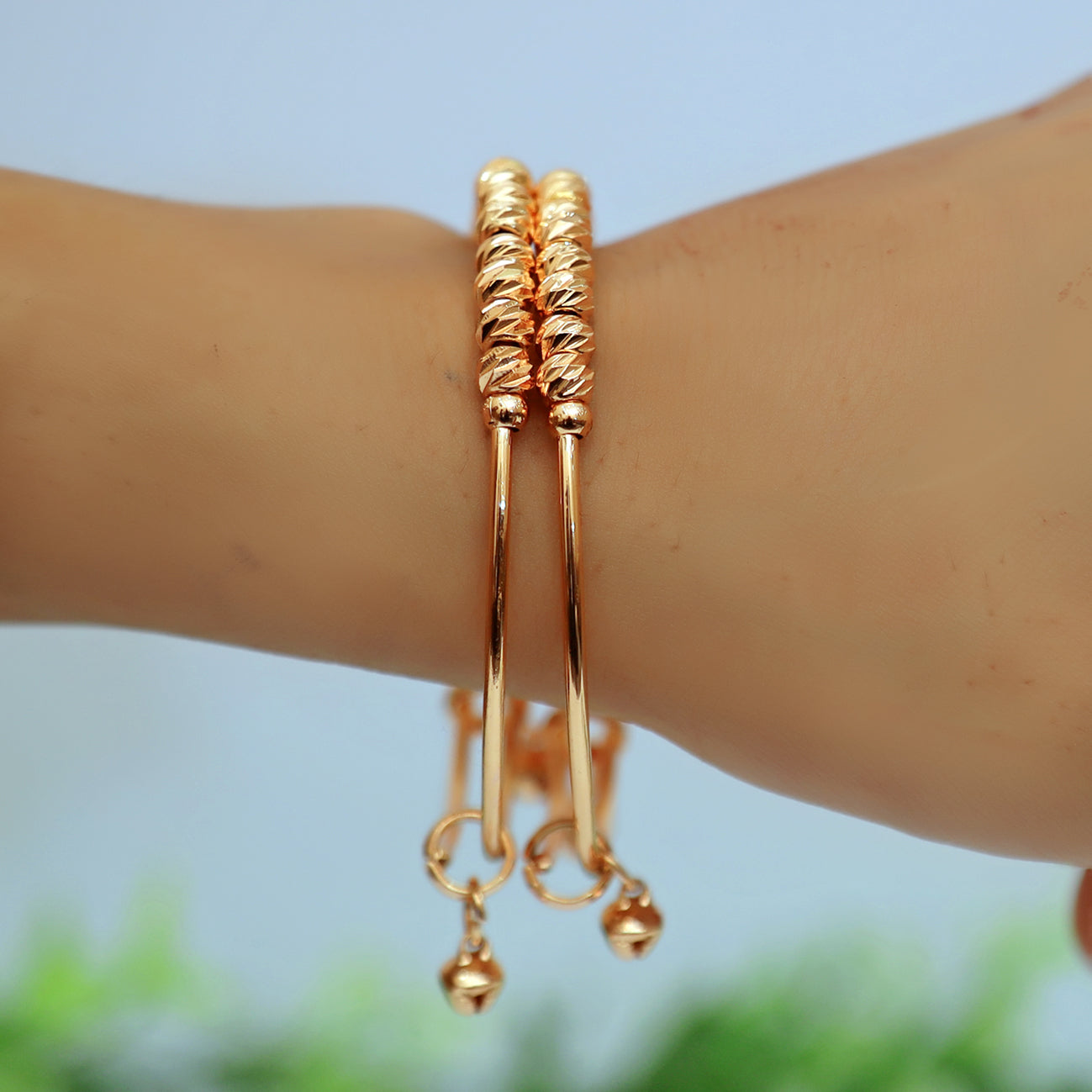 2 Pcs Gold Beaded Adjustable Bangles for Women & Girls