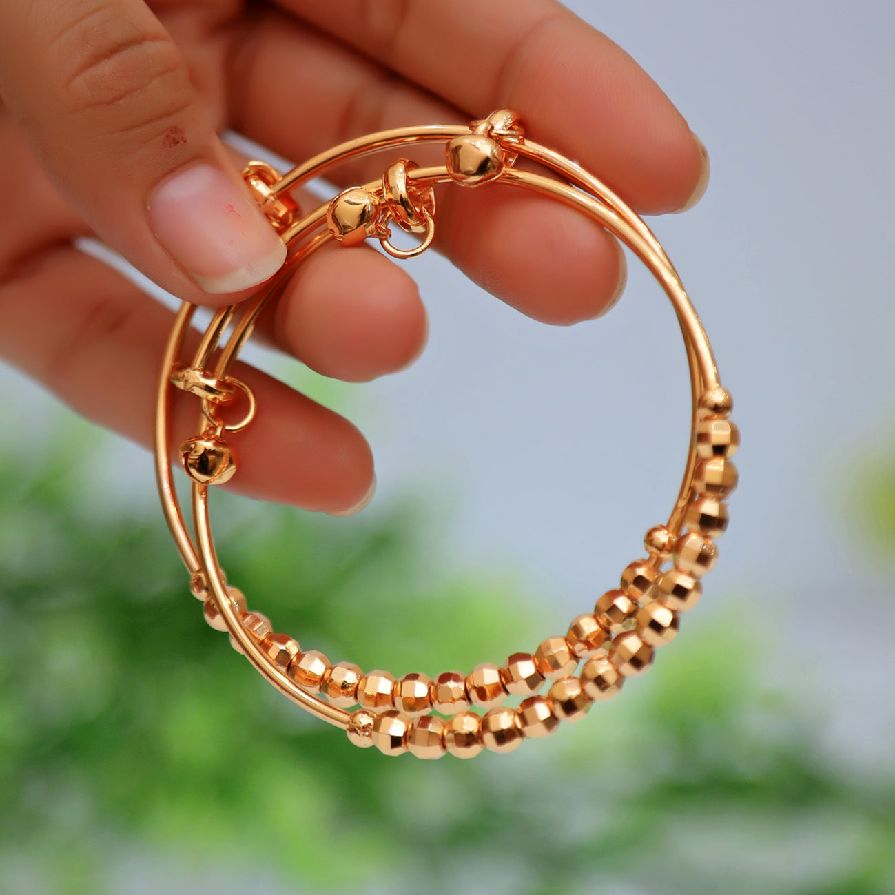 2 Pcs Gold squire & Round Beaded Adjustable Bangles for Women & Girls