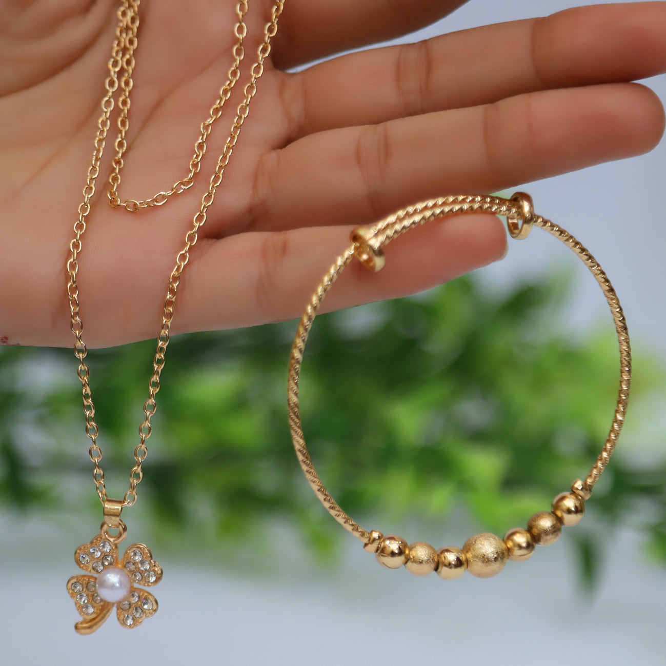 2 Pcs set Gold Beaded Adjustable Bangles and Necklace for Women & Girls