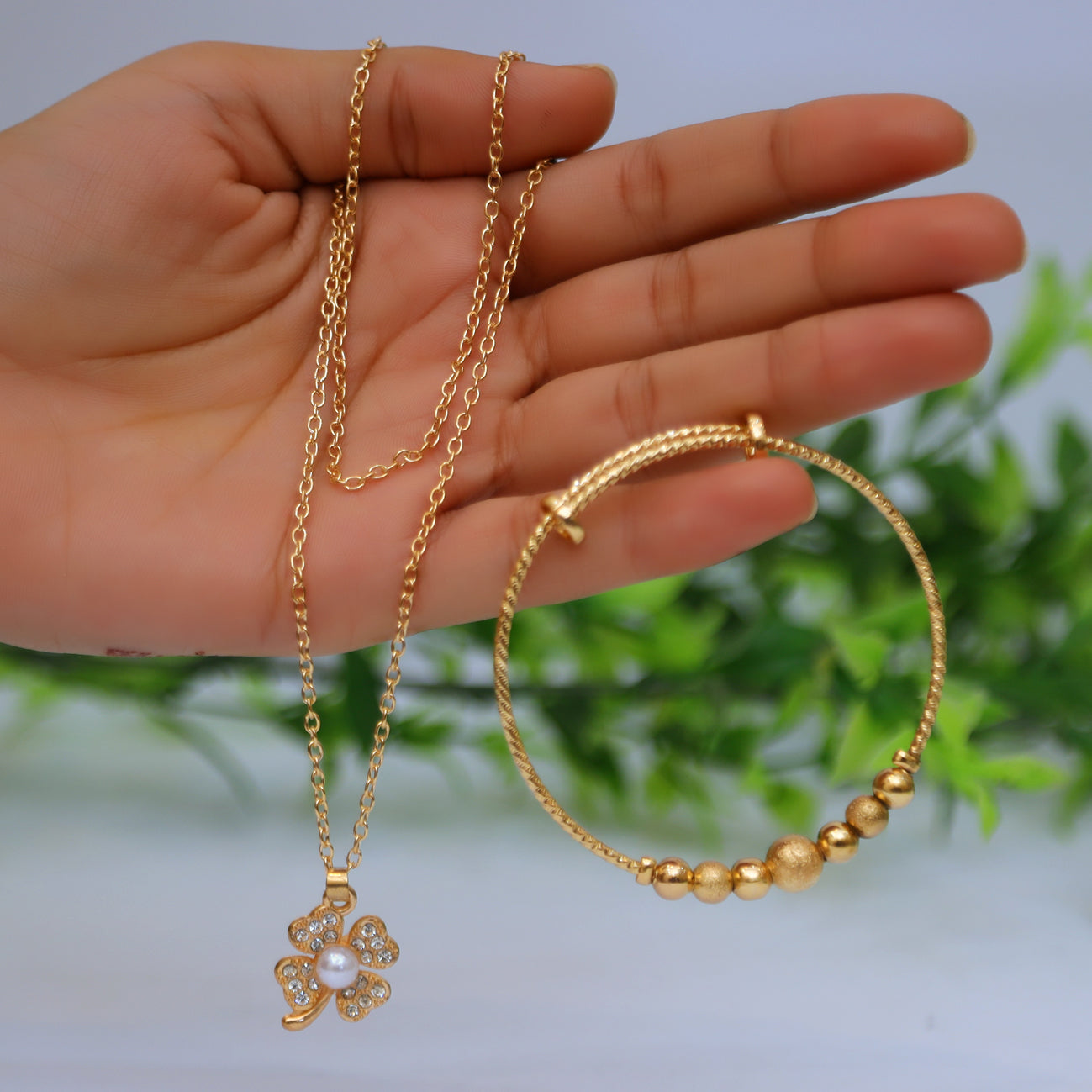 2 Pcs set Gold Beaded Adjustable Bangles and Necklace for Women & Girls