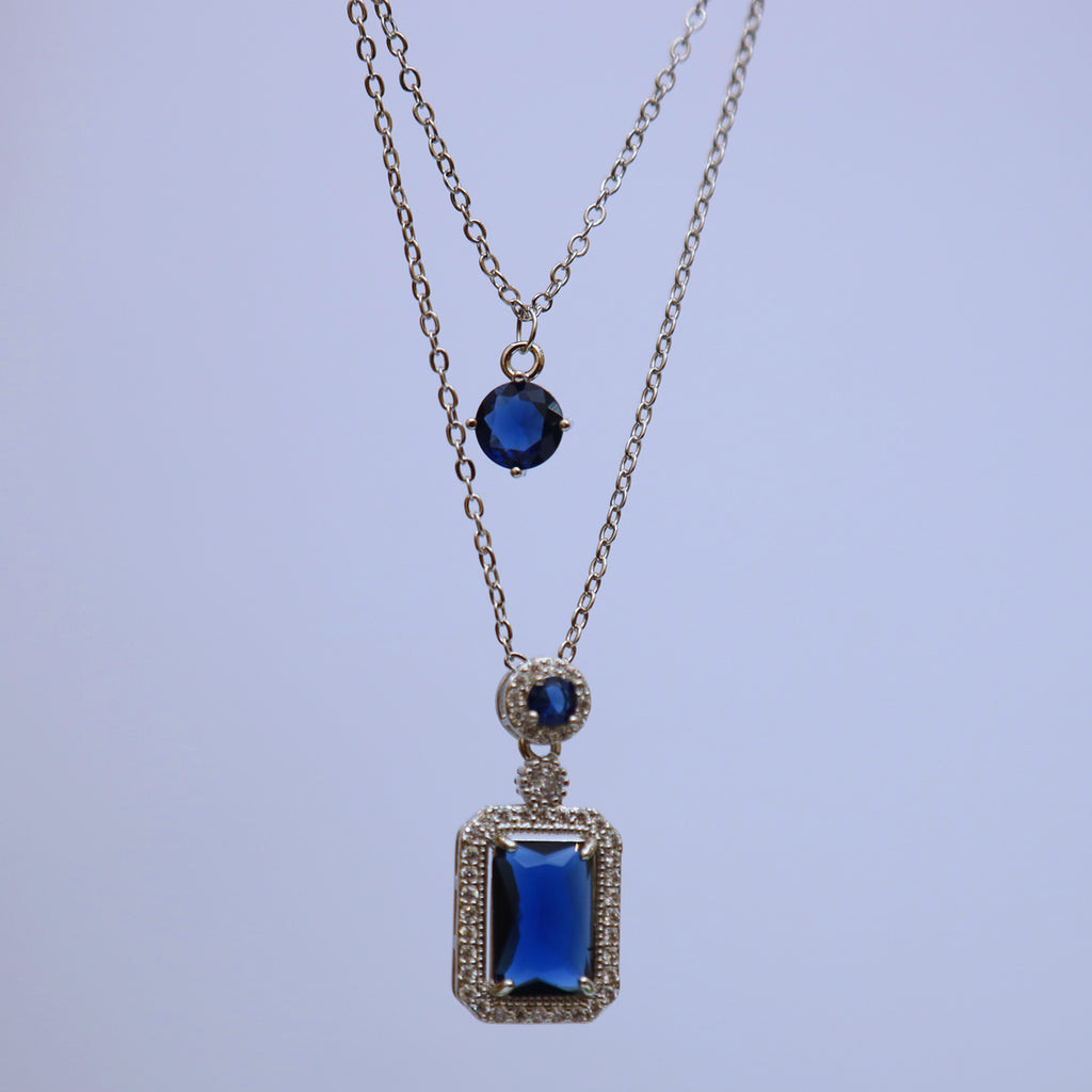 New fashion Premium Quality silver Blue Stone design pendant with double layers chain necklace